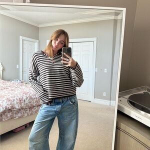 Things Between wine striped quarter button sweater